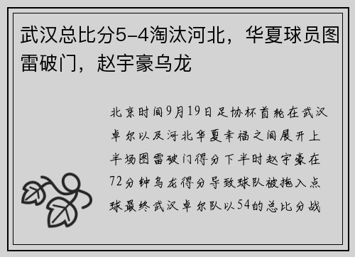 武汉总比分5-4淘汰河北，华夏球员图雷破门，赵宇豪乌龙